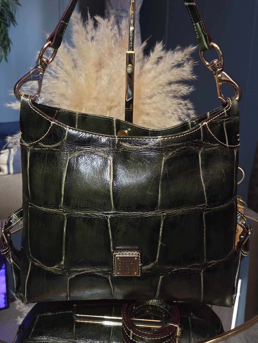 Dooney & Bourke Fredrica Olive Green Croco Embossed Leather Shoulder/Crossbody
